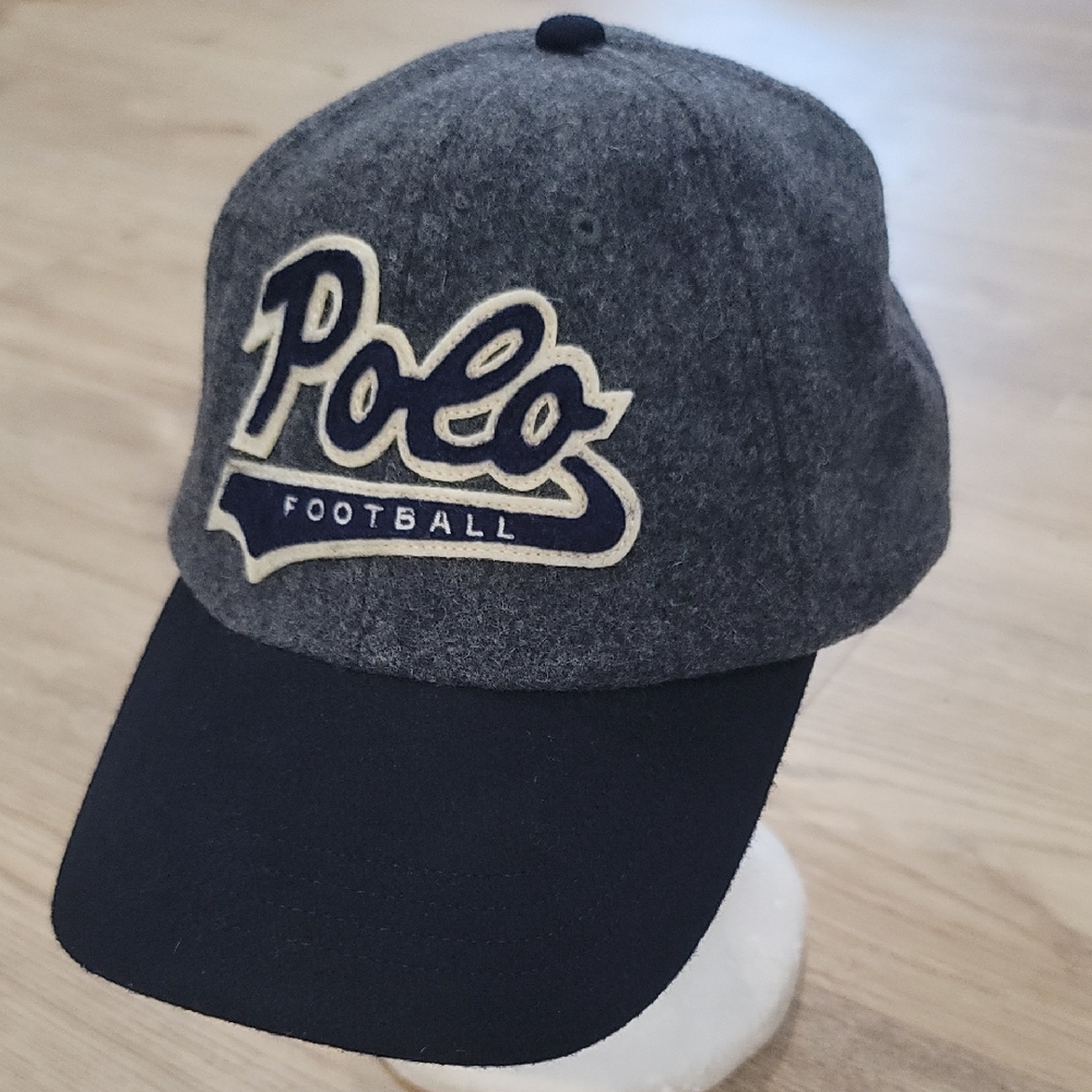 Polo by Ralph Lauren Gray and Black Football Hat Wool Adjustable Leather Strap